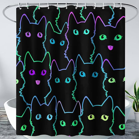 AILONEN Cute Cat Shower Curtain for Bathroom,Gradient Line Kawaii Kitten Bath Curtain for Kids Boys Girls,Color Cartoon Animal Polyester Waterproof with 12 Plastic Hooks 72" W*78" H