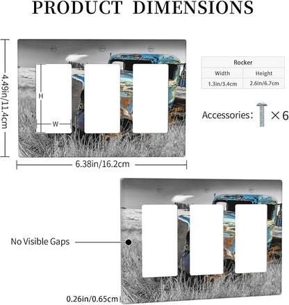 Vintage Country Old Blue Truck 3 Gang Rocker Light Switch Plate Rustic Automobile Triple Decora Outlet Wall Plate Cover Faceplate Decorative Switchcovers GFCI for Bathroom Bedroom Livingroom Decor