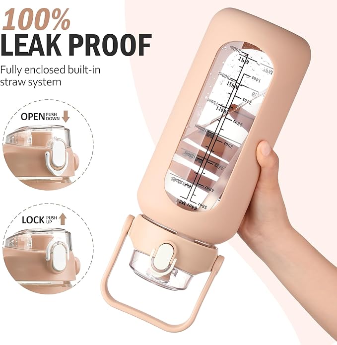 64 oz Glass Water Bottle with Straw and 2 Lids, Half Gallon Water Bottle with Sleeve, Large Insulated 2 Liter Glass Water Jug Time Marker with Handle - Light Amber