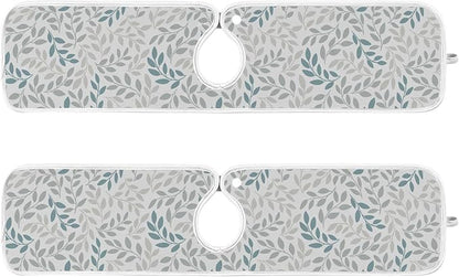 Gray and Blue Leaves Branches Faucet Water Catcher Mat 2 Pack Botanical Herbs Flowers Drying Mat Absorbent Bathroom Faucet Handle Drip Catcher Tray Bar RV Kitchen Sink Splash Guard 23x5 Inches
