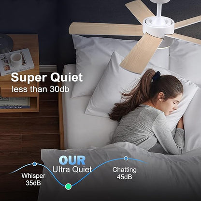 42 inch White Ceiling Fan with Lights and Remote Control, Dimmable Ceiling Fans with Lights,3-Color, Quiet Reversible 6-Speed, Wood Modern Ceiling Fan for Bedroom, Living Room, Dining Room
