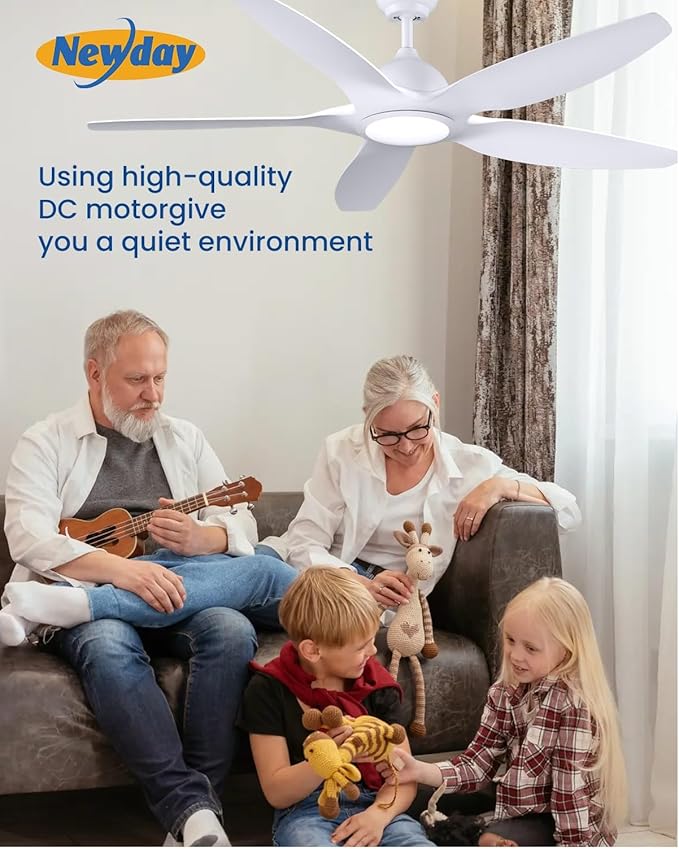 Newday 60" White Ceiling Fans with Light and Remote, Modern, Noiseless Reversible DC Motor, Large Indoor, Kitchen, Bedroom, Living Room