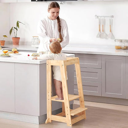 Kids Kitchen Step Stool, Step Stool for Toddlers, Adjustable Height Toddler Standing Tower, Anti-Slip Protection with guardrail, The Anti-Tipping Structure is More Stable (Natural)