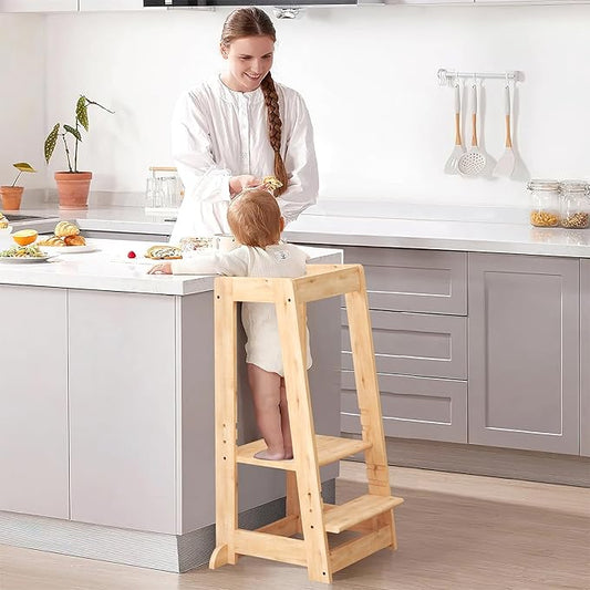 Kids Kitchen Step Stool, Step Stool for Toddlers, Adjustable Height Toddler Standing Tower, Anti-Slip Protection with guardrail, The Anti-Tipping Structure is More Stable (Natural)