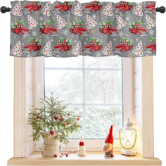 Red Truck Christmas Valance Curtains for Kitchen Windows Merry Christmas Tree Rod Pocket Window Treatment Toppers for Kitchen/Living Room/Bedroom/Bathroom, 60" X 18", Winter Snowflake Grey