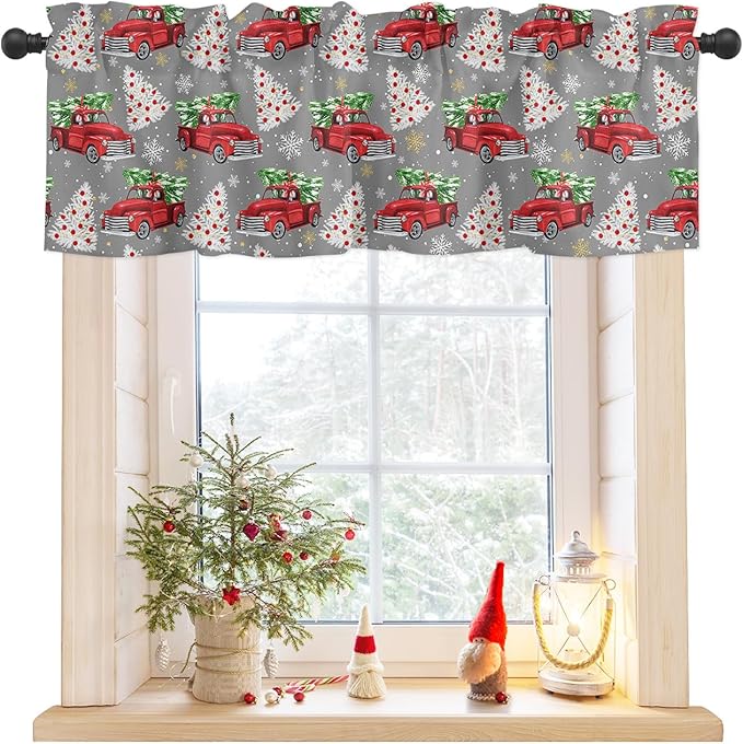 Red Truck Christmas Valance Curtains for Kitchen Windows Merry Christmas Tree Rod Pocket Window Treatment Toppers for Kitchen/Living Room/Bedroom/Bathroom, 54" X 18", Winter Snowflake Grey