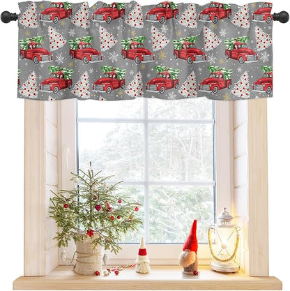 Red Truck Christmas Valance Curtains for Kitchen Windows Merry Christmas Tree Rod Pocket Window Treatment Toppers for Kitchen/Living Room/Bedroom/Bathroom, 54" X 18", Winter Snowflake Grey