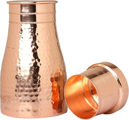 AAYUVEDA® Hammered Pure Copper Bedroom Water Bottle 34oz, with In-Built Tumbler (Loose Lid, Pack of 1)