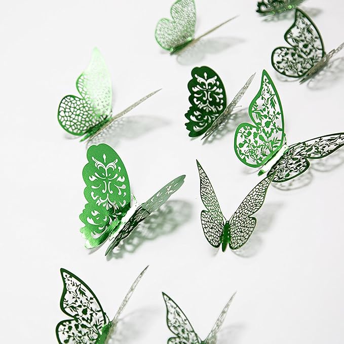 72Pcs 3D Butterfly Wall Decor 3 Sizes 3 Styles, Removable Butterfly Stickers Wall Decals, Butterfly Decorations Party Birthday Cake Decoration for Kids Nursery Wedding Bedroom Room(Green)