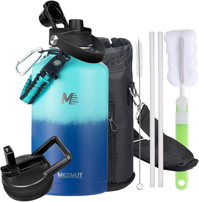 64oz Insulated Water Bottle with Straw&2 Lids,Stainless Steel Water Bottle with Paracord Handle,Double Vacuum Large Sports Water Jug Leak-proof Keep Cold & Hot for Outdoor Camping Biking Trip