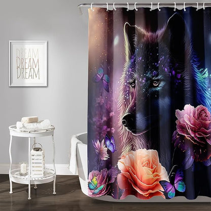 AILONEN Wolf Shower Curtain,Butterfly Flower Wolf Bath Curtain for Kids Boys Girls,Polyester Waterproof for Bathroom with 12 Plastic Hooks 48" W*72" H