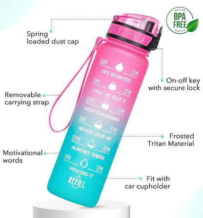 32oz/26oz Motivational Water Bottle with Time Marker & Fruit Strainer, Leak-proof BPA Free Non-Toxic 1l Bottle with Carrying Strap, Perfect for Fitness, Gym and Outdoor Sports, Plastic