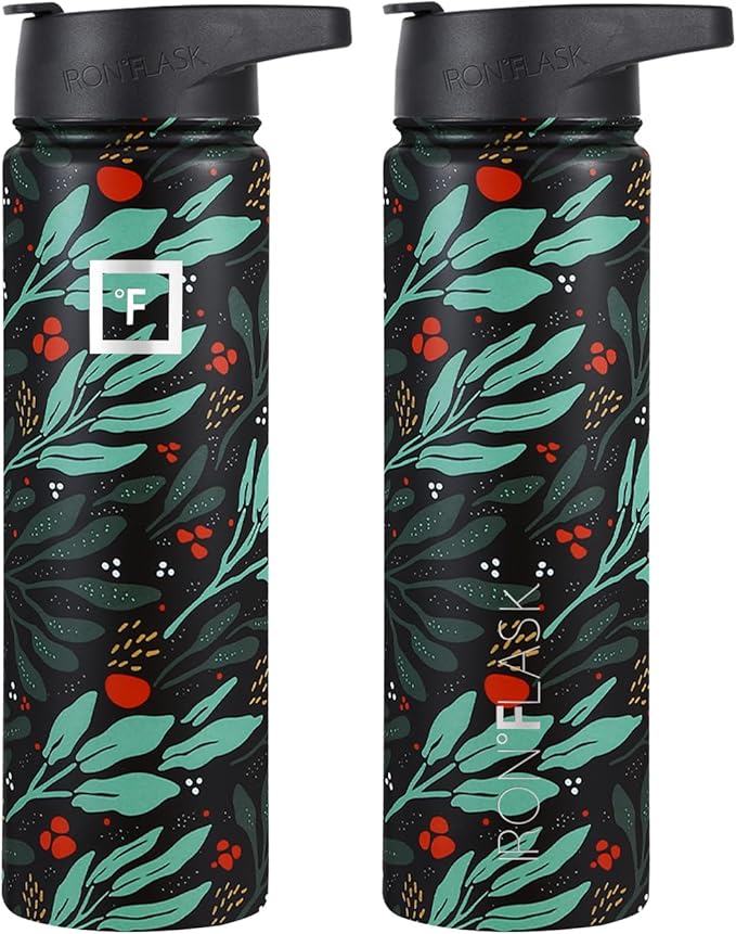 IRON °FLASK Sports Water Bottle - Wide Mouth with 3 Straw Lids - Stainless Steel Gym & Outdoor Bottles for Men, Women & Kids - Double Walled, Insulated Thermos, Metal Canteen - Lush Leaf, 22 Oz