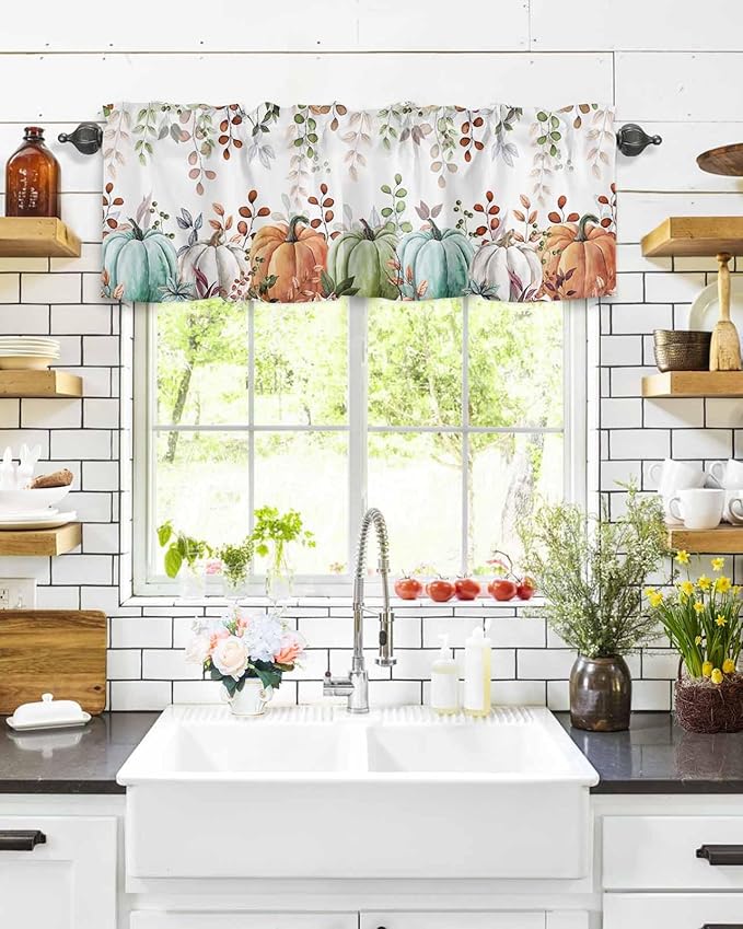 Fall Thanksgiving Kitchen Curtains Valances for Windows Autumn Pumpkins Eucalyptus Leaves Rod Pocket Window Treatment for Kitchen /Living Room/Bedroom/ Bathroom, 60" X 18", Blue Sage Green Orange