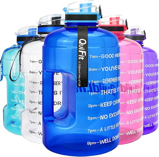 QuiFit 1 Gallon Water Bottle - 128 oz Water Bottle with Times to Drink - BPA Free Motivational Water Bottle with Infuser - Large Water Bottle - Sports Water Bottle 1 Gallon in Gym(Blue, 1 Gallon)