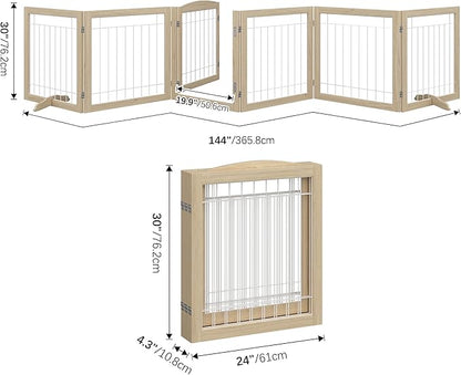 Folding No-Assembly Pet Gate 144" Wide, 30" Tall Wooden Dog Gate with Door Walk Through, Freestanding Wire Pet Gate, Pet Puppy Safety Fence, with 2PCS Support - Natural White