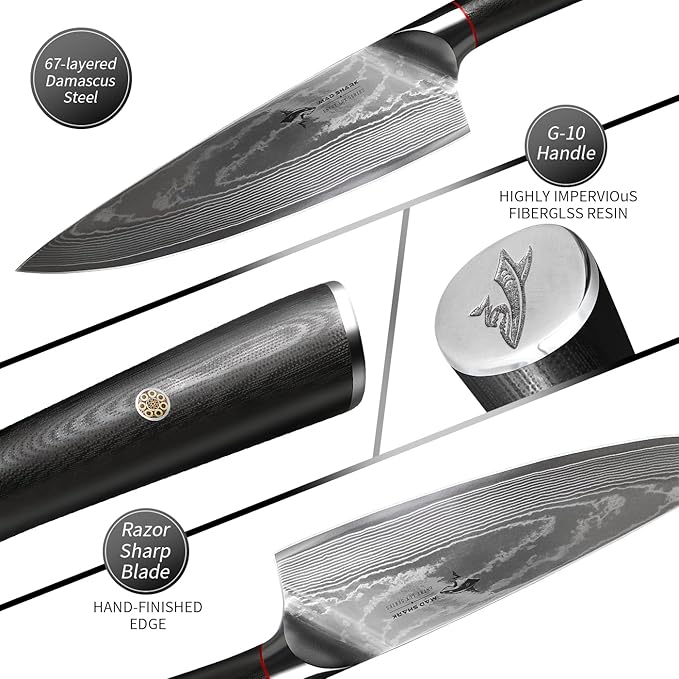 MAD SHARK Ultra Sharp Chef Knife, 8 inch Professional Kitchen Knife, Made of Super Damascus Stainless Steel, Non-stick Blade Chopping Knife with Ergonomic Handle, Finger Guard & Gift Box