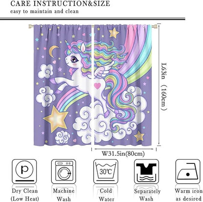 Kids Unicorn Curtains Purple Cartoon Rainbow Cartoon Room Blackout Curtains Boys Girls Baby Room Decor Curtains Living Room Decor 63x63 Inch 2 Panels