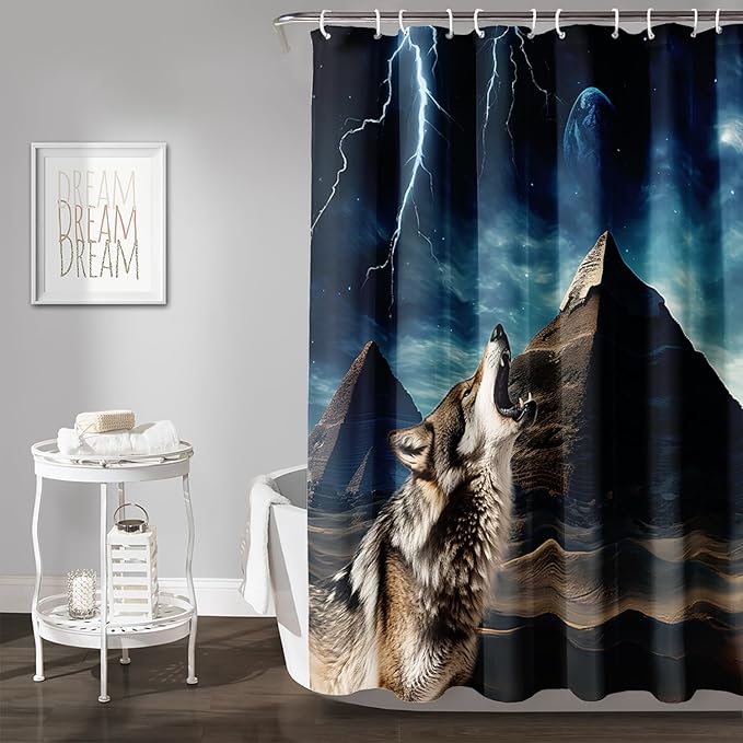 AILONEN Howling Wolf Shower Curtain,Retro Pyramid Evening Wolf Bath Curtain,Safari Wolf Curtain for Bathroom Decor,Polyester Waterproof with 12 Plastic Hooks 48" W*72" H