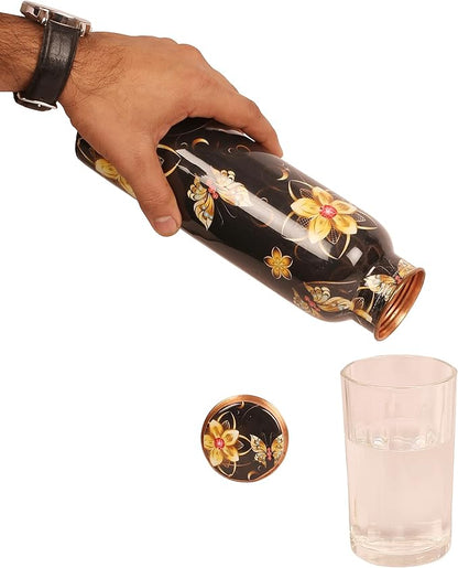 Pure Copper Water Bottle - Handcrafted - Ayurveda health benefits - Large 35 oz - Leak proof - Easy to carry for Sports, Fitness, Yoga, School - Black Base Floral Textured Colorful