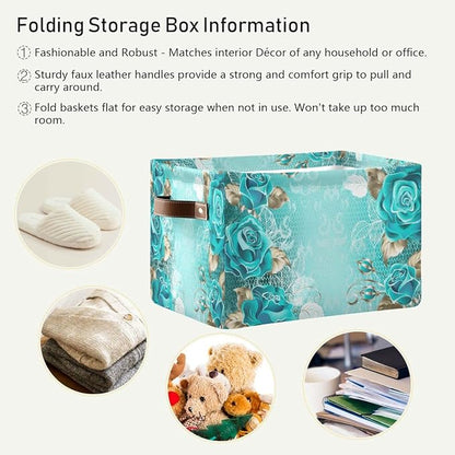 Wamika Turquoise Blue Green Rose Storage Basket Fabric Laundry Baskets Spring Flowers Leaves Storage Boxes Organizer Bag for Baby Cloth Dog Toy Book Storage Cubes Shelf Closet Bins 16x12x8 Inches