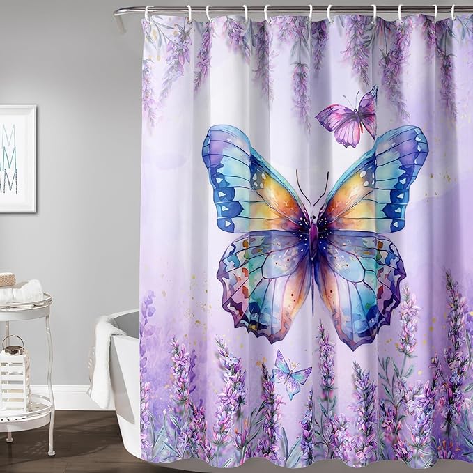 AILONEN Butterfly Shower Curtain for Bathroom, Purple Lavender Bath Curtain Decor,Flower Butterfly Waterproof Shower Curtain with 12 Plastic Hooks (Kids/Girls/Women/Teens) 72" W*84" H