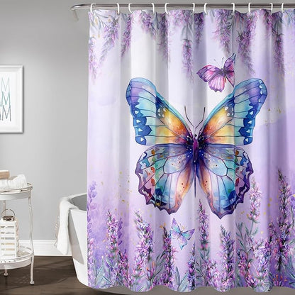 AILONEN Butterfly Shower Curtain for Bathroom, Purple Lavender Bath Curtain Decor,Flower Butterfly Waterproof Shower Curtain with 12 Plastic Hooks (Kids/Girls/Women/Teens) 72" W*84" H