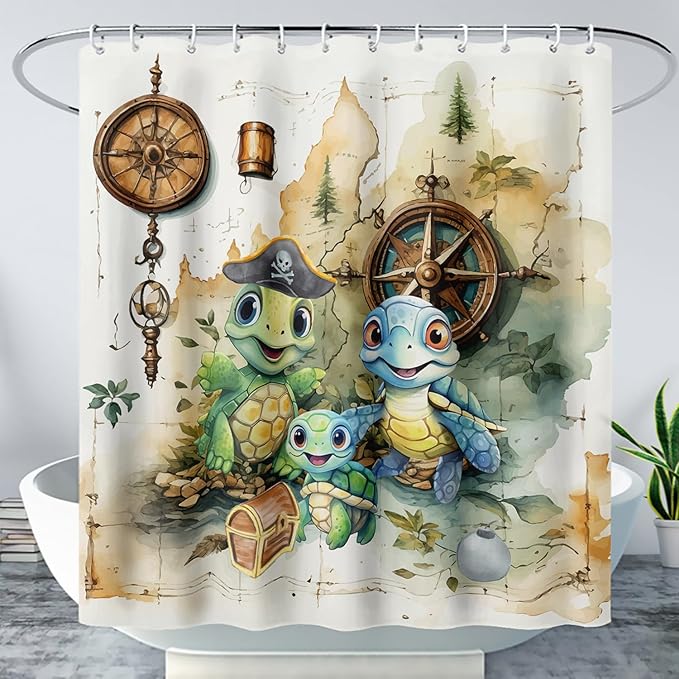 AILONEN Cartoon Sea Turtle Shower Curtain,Kawaii Turtle Bathroom Curtains for Kids,Girls,Nautical Compass Anchor Shower Curtains Set with Hooks for Bathroom,48" W*72" H