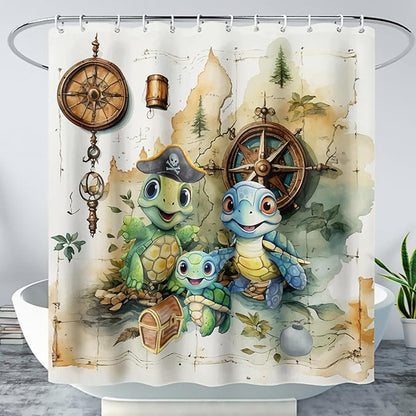 AILONEN Cartoon Sea Turtle Shower Curtain,Kawaii Turtle Bathroom Curtains for Kids,Girls,Nautical Compass Anchor Shower Curtains Set with Hooks for Bathroom,72" W*84" H