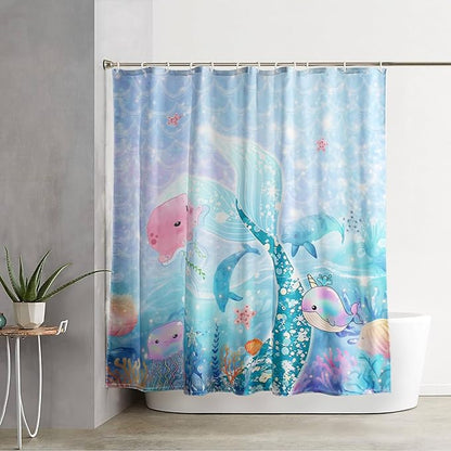 AILONEN Mermaid Tail Shower Curtain Set, Beautiful Glitter Mermaid Tail Cloth Bath Curtain for Bathroom,Cute Whale Jellyfish Polyester Waterproof Shower Curtain with Hooks,36" Wx72 H