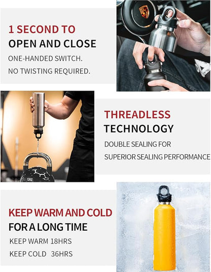 Threadless Vacuum Insulated Water Bottle - Effortless One-Hand Operation, Twist-Free, No-Screw Design - 36H Cold, 18H Hot Retention with Pressure Release Valve - 20OZ