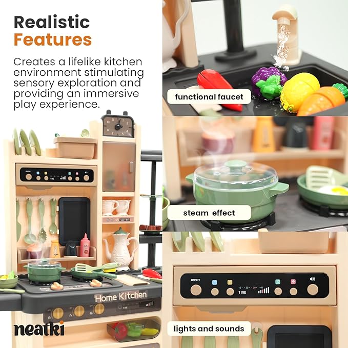 Kids' Play Kitchen Set, 27.95 x 11.22 x 36.81 Inch, 65-Piece Toy Kitchen Playset with Functional Faucet, Realistic Steam Effects, Lights and Sounds, and Other Kitchen Accessories (Dark Gray)
