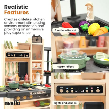 Kids' Play Kitchen Set, 27.95 x 11.22 x 36.81 Inch, 65-Piece Toy Kitchen Playset with Functional Faucet, Realistic Steam Effects, Lights and Sounds, and Other Kitchen Accessories (Dark Gray)