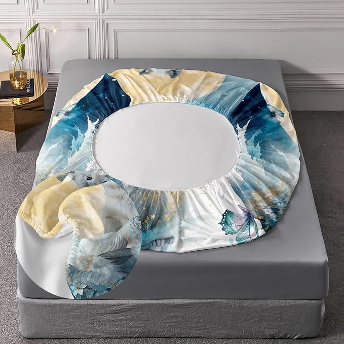 AILONEN Wolf Fitted Sheet Set Queen Size, Blue Tie Dye Wolf Bed Sheet Set Decor,3 Pieces Moon Wolf Sheet Set,Modern Watercolor Wolf and Butterfly Fitted Sheet with 2 Pillowcases