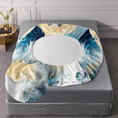 AILONEN Wolf Fitted Sheet Set Queen Size, Blue Tie Dye Wolf Bed Sheet Set Decor,3 Pieces Moon Wolf Sheet Set,Modern Watercolor Wolf and Butterfly Fitted Sheet with 2 Pillowcases