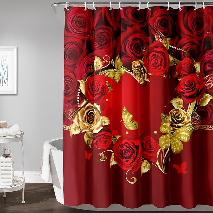 AILONEN Red Rose Couple Shower Curtain,Red and Gold Hearts Printed Bath Curtain,Modern Waterproof Luxury Rose Themed Bathroom Decor, 72" W x 96" H