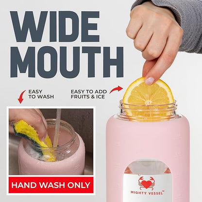 64oz Glass Water Bottle | Pink Water Bottle with Straw & Time Marker | Half Gallon Water Bottle with Measurements & Silicone Sleeve | Suitable for Travel, Gym, Sports & Daily Intake