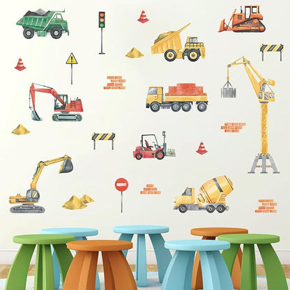 LHIUEM 30PCS Cars Wall Decals Watercolor Trucks Wall Stickers Engineering Vehicle Wall Decor for Kids Gifts Traffic Signal Construction Wall Decals for Boys Room Playroom Bedroom Classroom