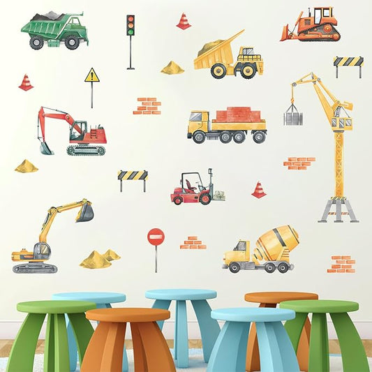 LHIUEM 30PCS Cars Wall Decals Watercolor Trucks Wall Stickers Engineering Vehicle Wall Decor for Kids Gifts Traffic Signal Construction Wall Decals for Boys Room Playroom Bedroom Classroom