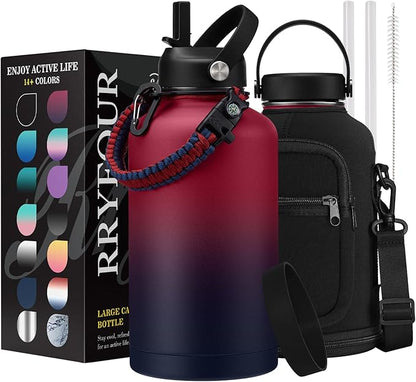 64 OZ Insulated Water Bottles with Straw - Waterbottle Carrier with Strap, Protective Boot & Paracord Handle, Stainless Steel Water Flask Canteen