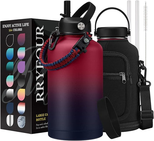 64 OZ Insulated Water Bottles with Straw - Waterbottle Carrier with Strap, Protective Boot & Paracord Handle, Stainless Steel Water Flask Canteen