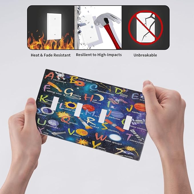 ABC Outer Space Quad Toggle Light Switch Cover Decorative Alphabet Galaxy Boys Educational 4 Gang Wall Plate Electrical Faceplate Switchplate for Kidroom Nursery Boyroom Living Room Decor