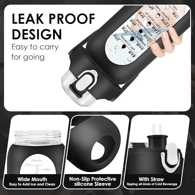 32 oz Glass Water Bottle with Time Marker - 1000ml Large Sports Motivational Water Bottles with Handle & Silicone Case, 1 Liter Leak-proof Measured Drinking Bottle for Gym Fitness Workout (Black)