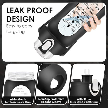 32 oz Glass Water Bottle with Time Marker - 1000ml Large Sports Motivational Water Bottles with Handle & Silicone Case, 1 Liter Leak-proof Measured Drinking Bottle for Gym Fitness Workout (Black)