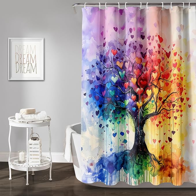 AILONEN Tree of Life Shower Curtain for Bathroom,Watercolor Hearts Tree Printed Waterproof Bath Curtain,Colorful Tree Leaves of Life Abstract Boho Shower Curtain 48" W x 72" H