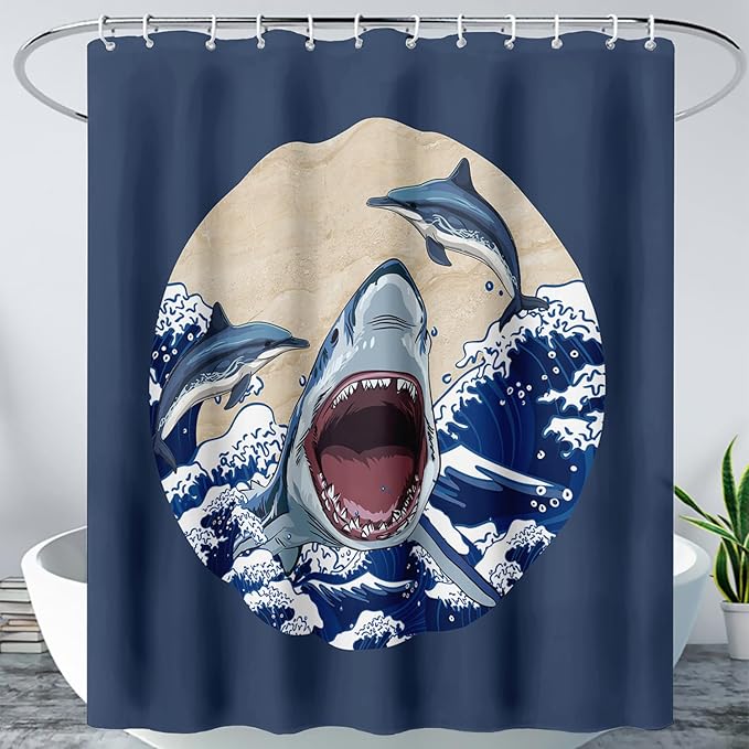 AILONEN Cartoon Shark Shower Curtain for Kids Boys Girls,Blue Ocean Wave with Shark Waterproof Fabric Shower Curtain for Bathroom,Jumping Dolphin Shower Curtain Set with Hooks,72" W*96" H