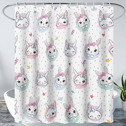 AILONEN Cute Rabbit Shower Curtain, Cartoon Kawaii Bunny Shower Curtain for Bathroom,Modern Minimalist White Waterproof Fabric Shower Curtain Set with Hooks 72" W*72" H