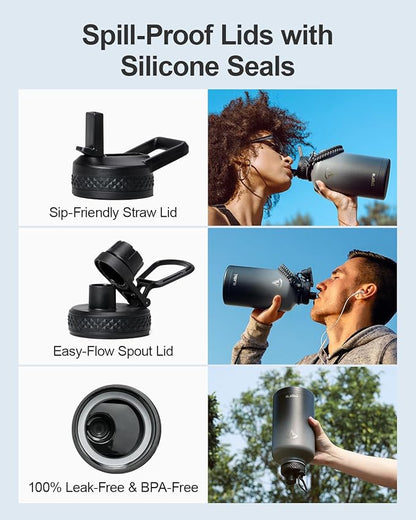 64 oz Insulated Water Bottle,Half Gallon Water Flask Stainless Steel Vacuum, Cold for 48 Hrs,BPA-Free & Leakproof -with Paracord Handle, Strap,Straw Spout Lids,Large Jug for Gym,Grey