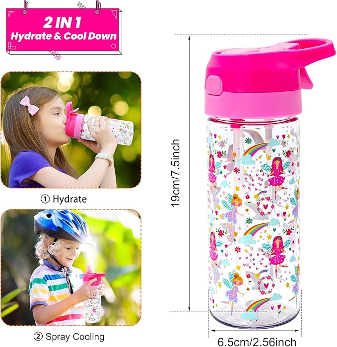 Kids Water Bottle with Spray Mist, 420ml Portable Kids Spray Drinking Bottle for Boys Girls School Cool Down and Hydrate