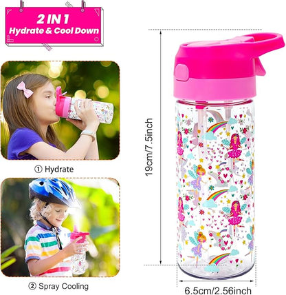 Kids Water Bottle with Spray Mist, 420ml Portable Kids Spray Drinking Bottle for Boys Girls School Cool Down and Hydrate